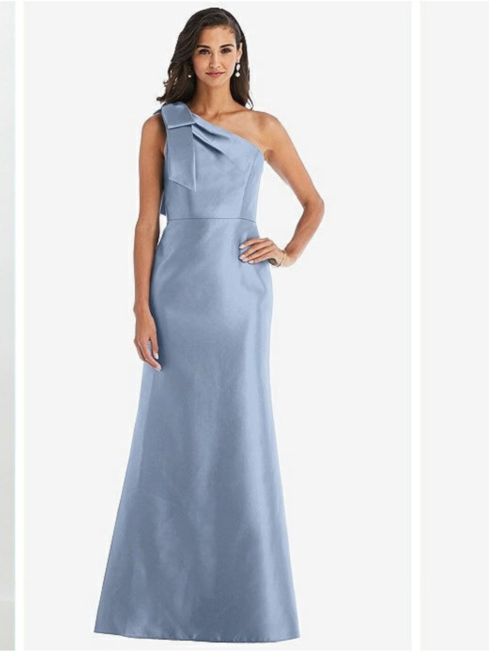 ALFRED SUNG One-Shoulder Satin Gown in Light Blue with Shoulder Bow